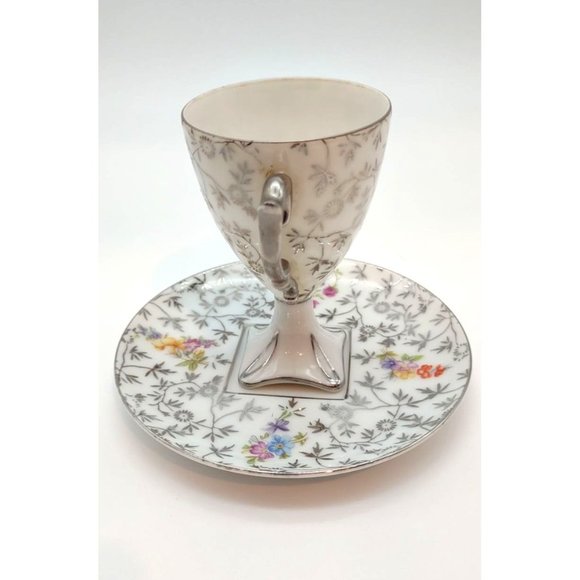 Cup and Saucer Demitasse Square Pedestal White with Silver Pink Flowers - Picture 3 of 7